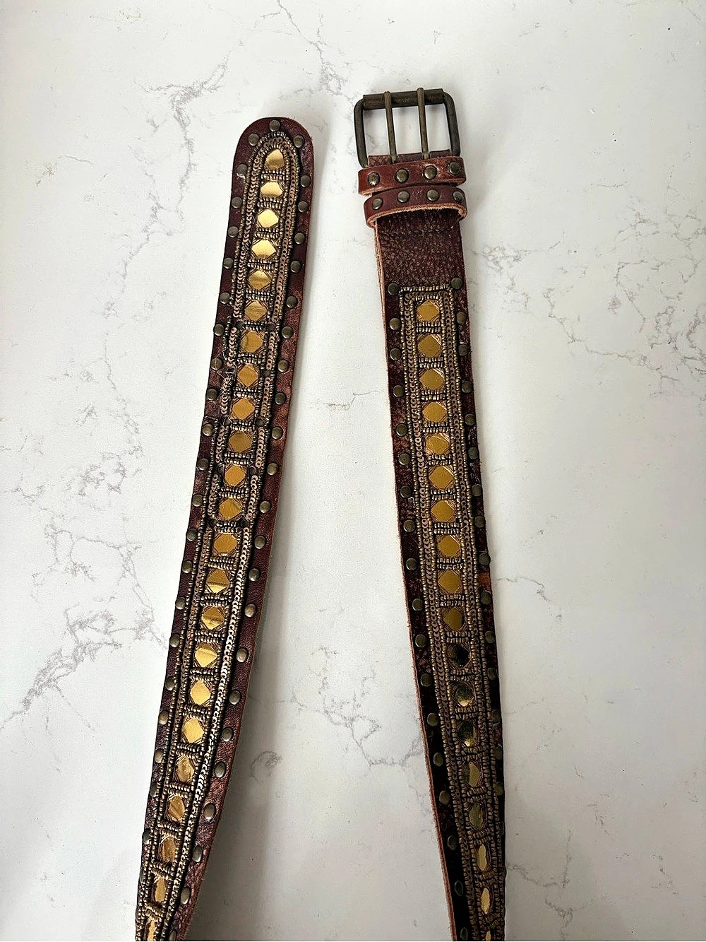 Vintage Betsey Johnson Embellished Leather Belt in Brown, Size Large, Note wear!